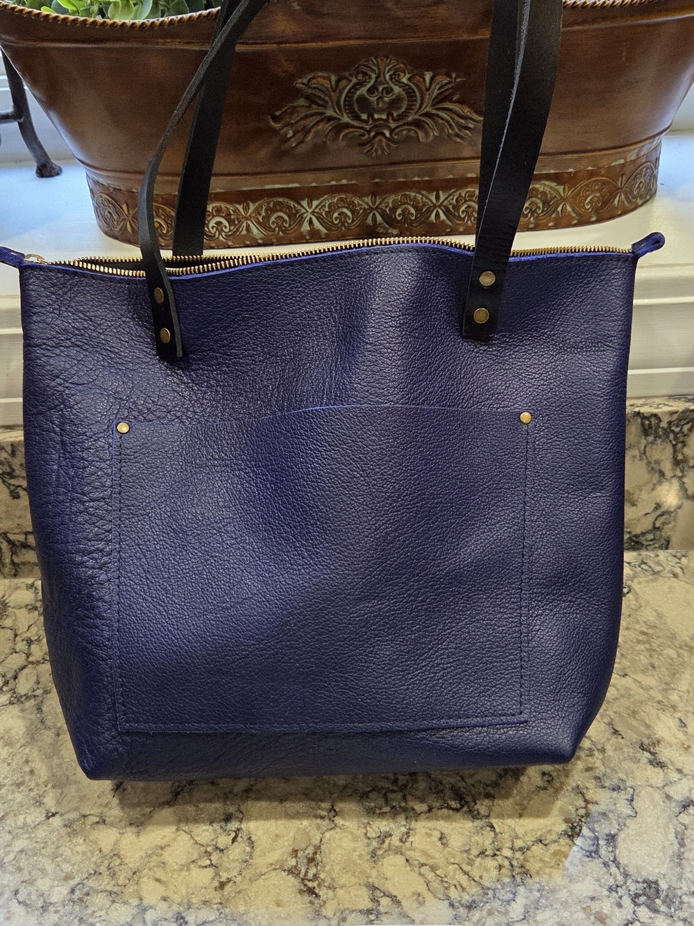 Portland Leather Cobalt Tote with Black Straps